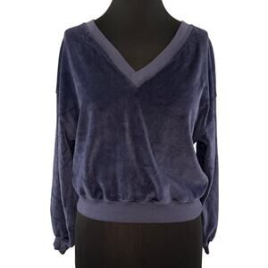 AMO Navy Velour Sweatshirt Cotton Deep V-Neck Drop Shoulder Pullover XS X-Small